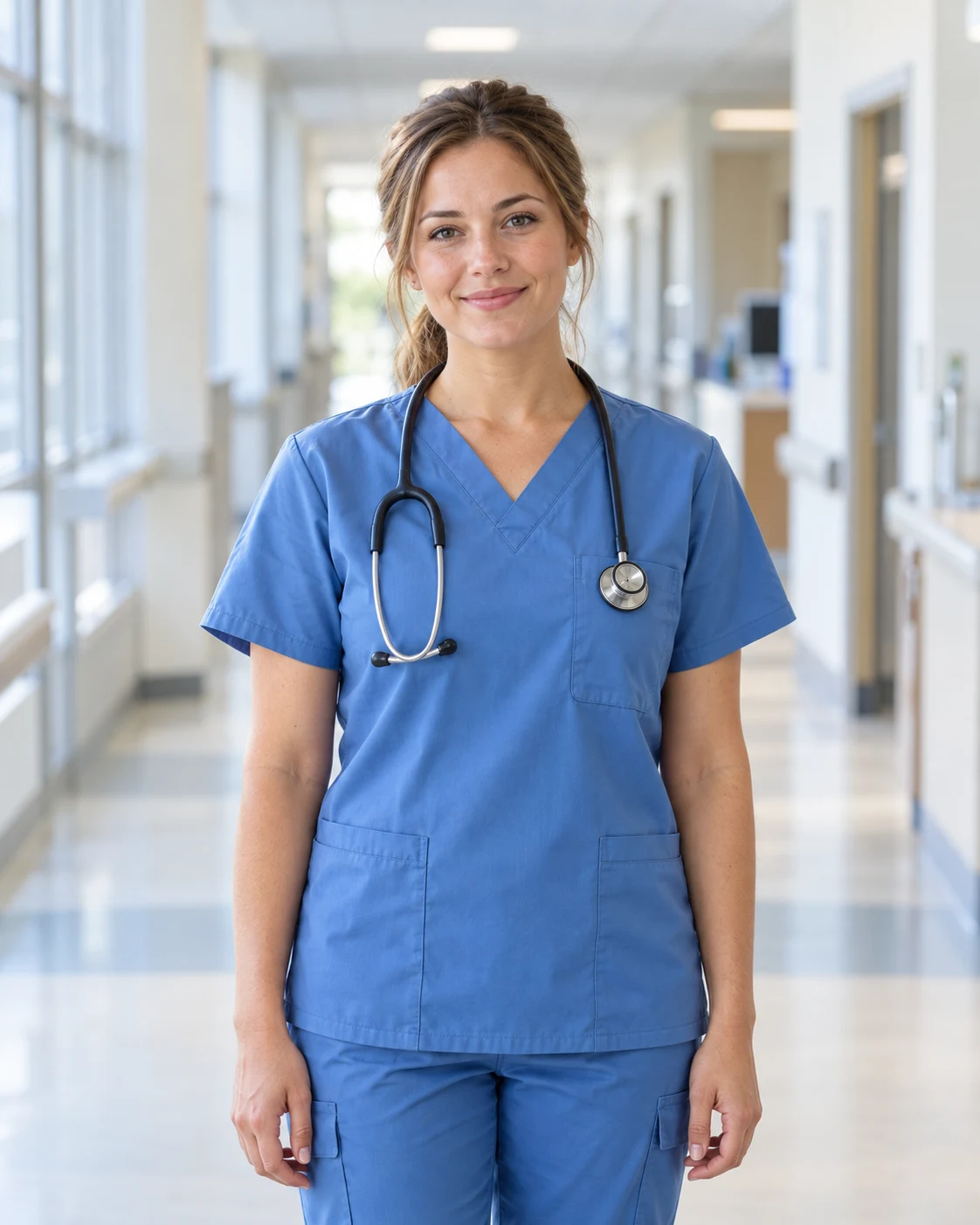 Female nurse in blue scrubs standing in a bright clinical hallway