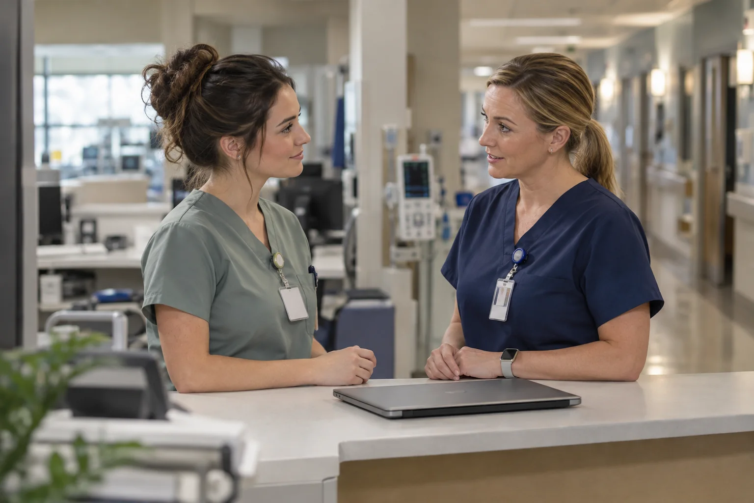 A nurse and nurse manager discussing an assignment at a hospital nurses’ station.