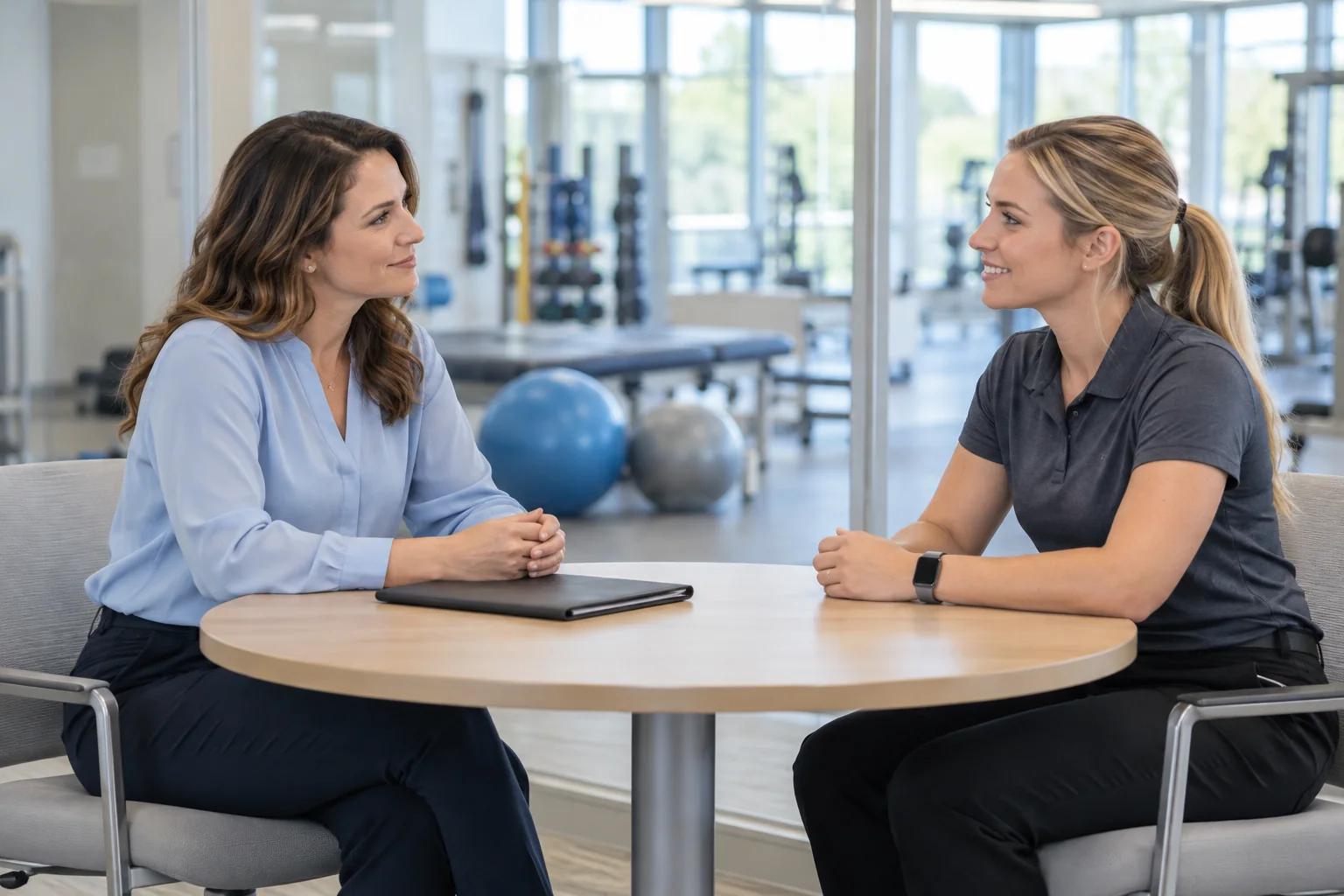 A healthcare hiring manager interviewing a physical therapist in a rehabilitation facility.