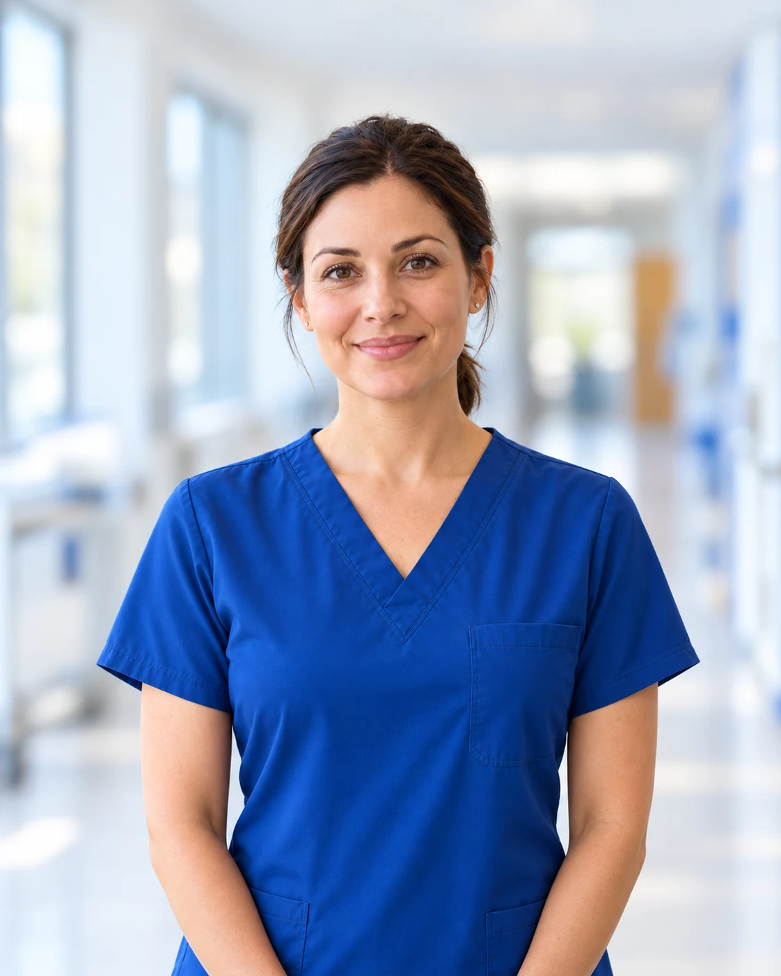 Female healthcare professional in blue scrubs in a bright clinical hallway