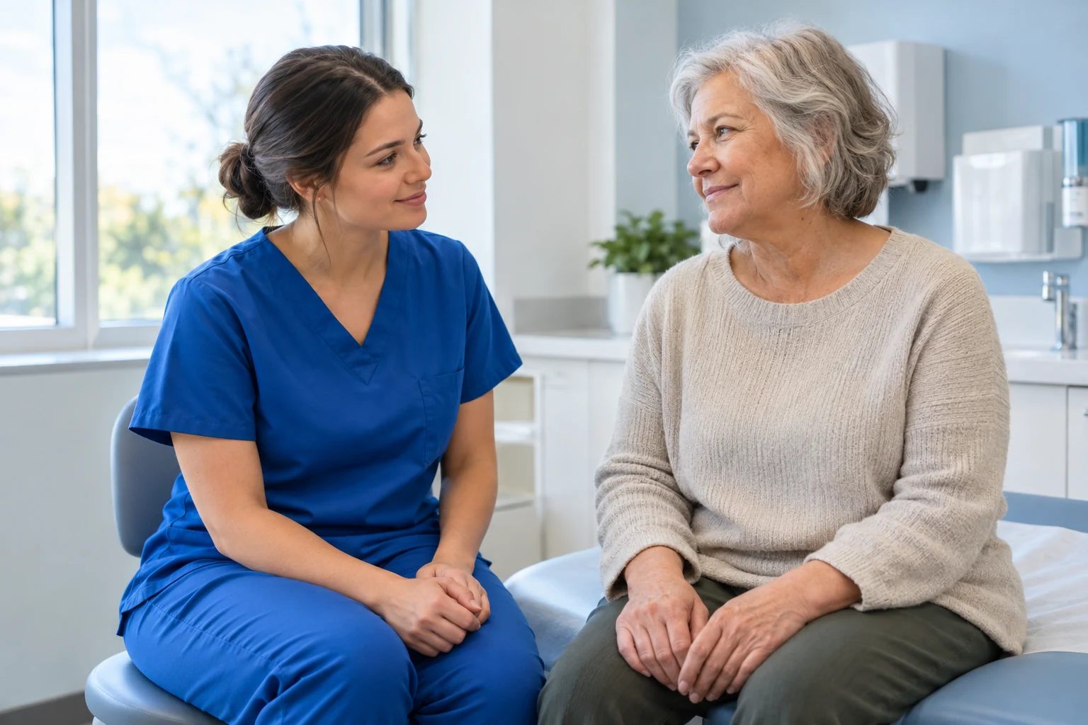 Nurse listening attentively to an older adult patient in a clinical room