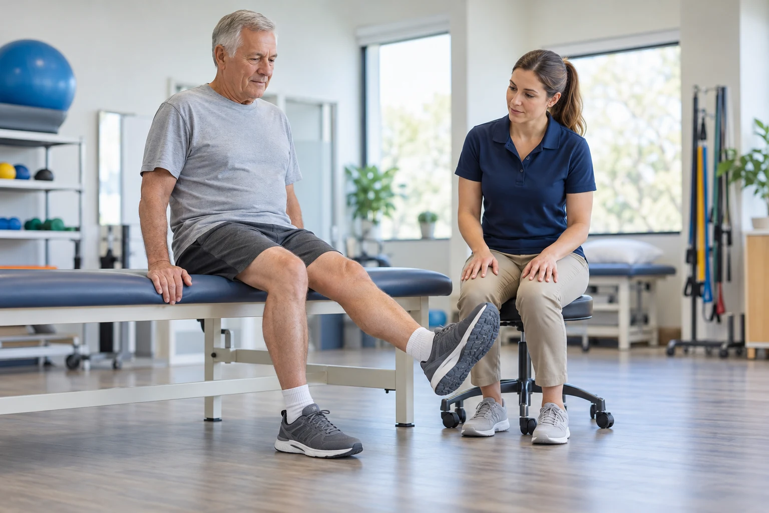 Physical therapist observing a seated knee-extension exercise in a rehabilitation clinic