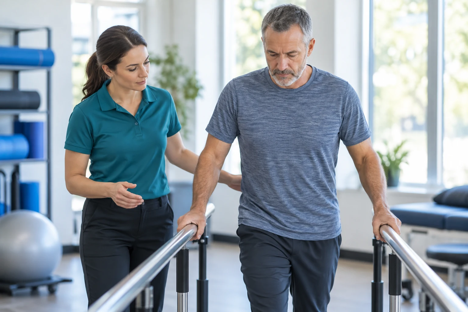 Physical therapist supporting a patient during walking practice in a rehabilitation clinic
