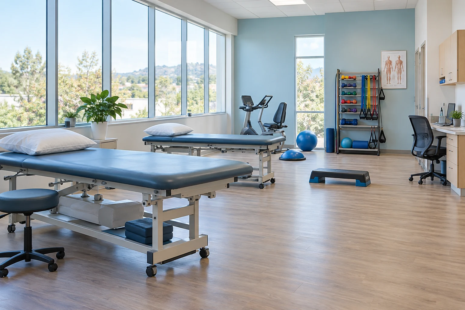 Outpatient physical therapy clinic with treatment tables and rehabilitation equipment