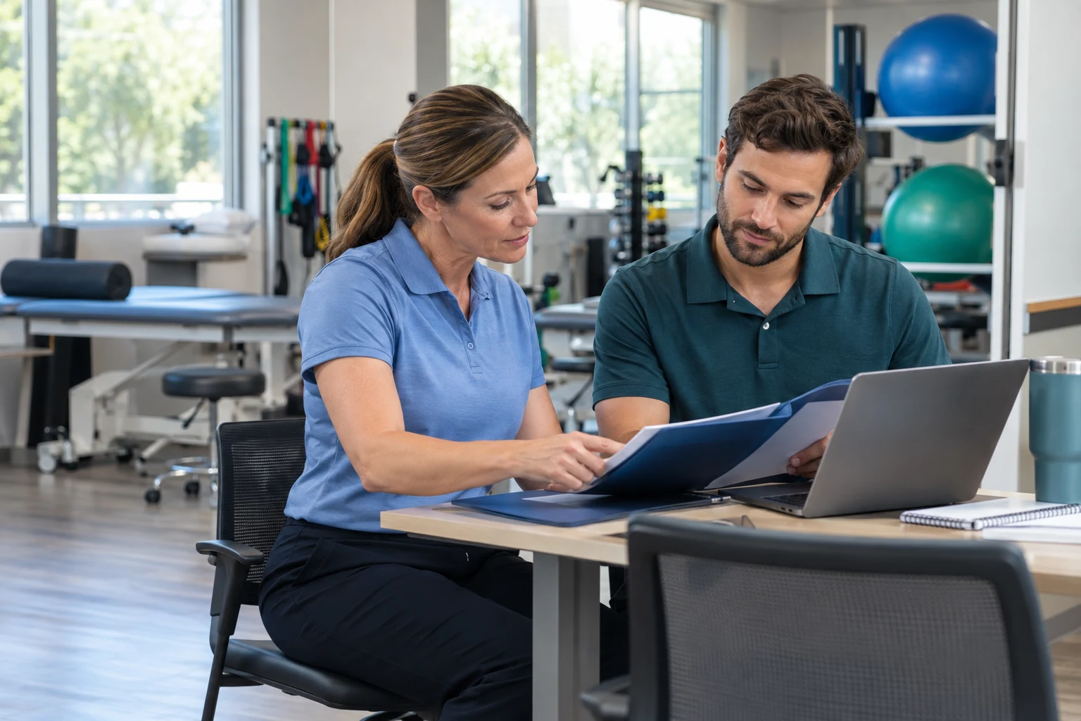 Physical therapy colleagues discussing schedules and orientation in a rehabilitation clinic