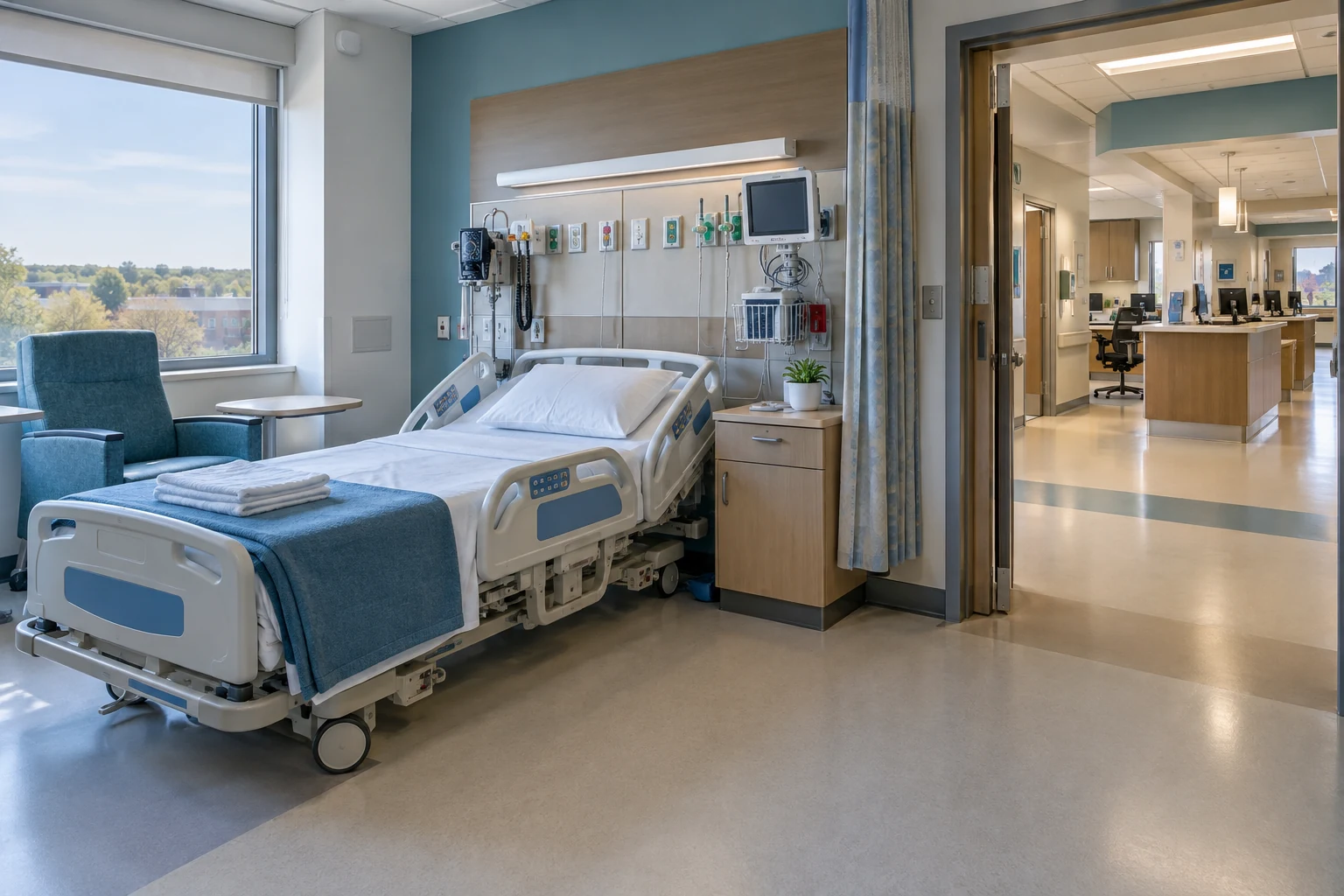 Prepared patient room and nursing workspace in a hospital unit