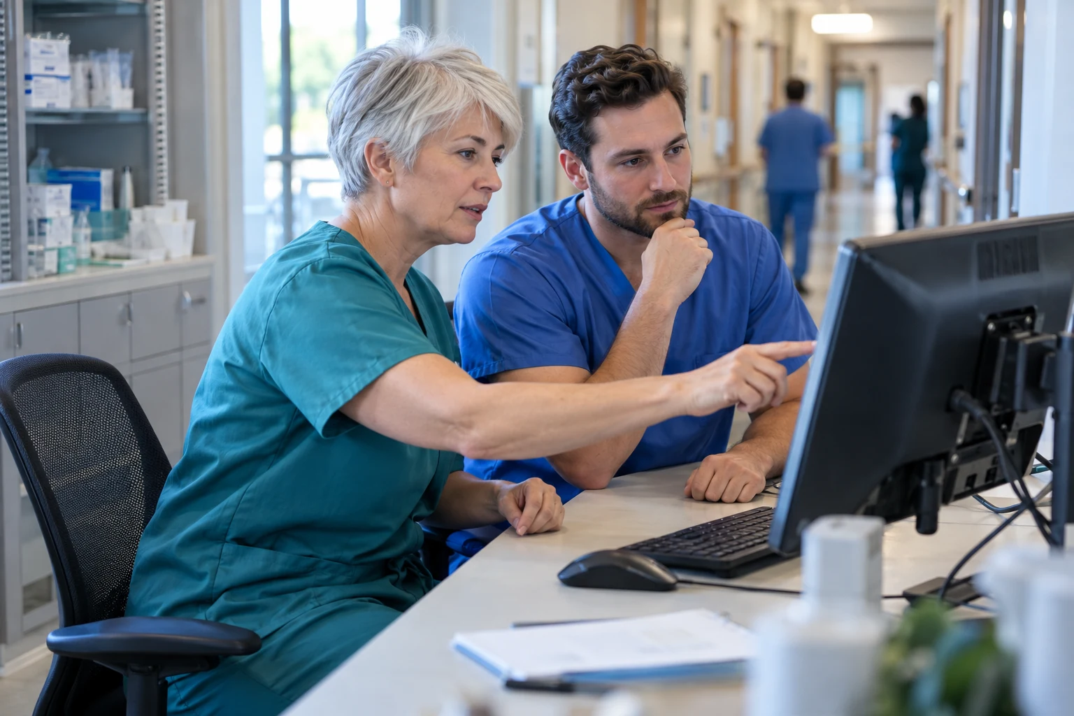 Nurse educator introducing a new RN to a clinical workstation during orientation
