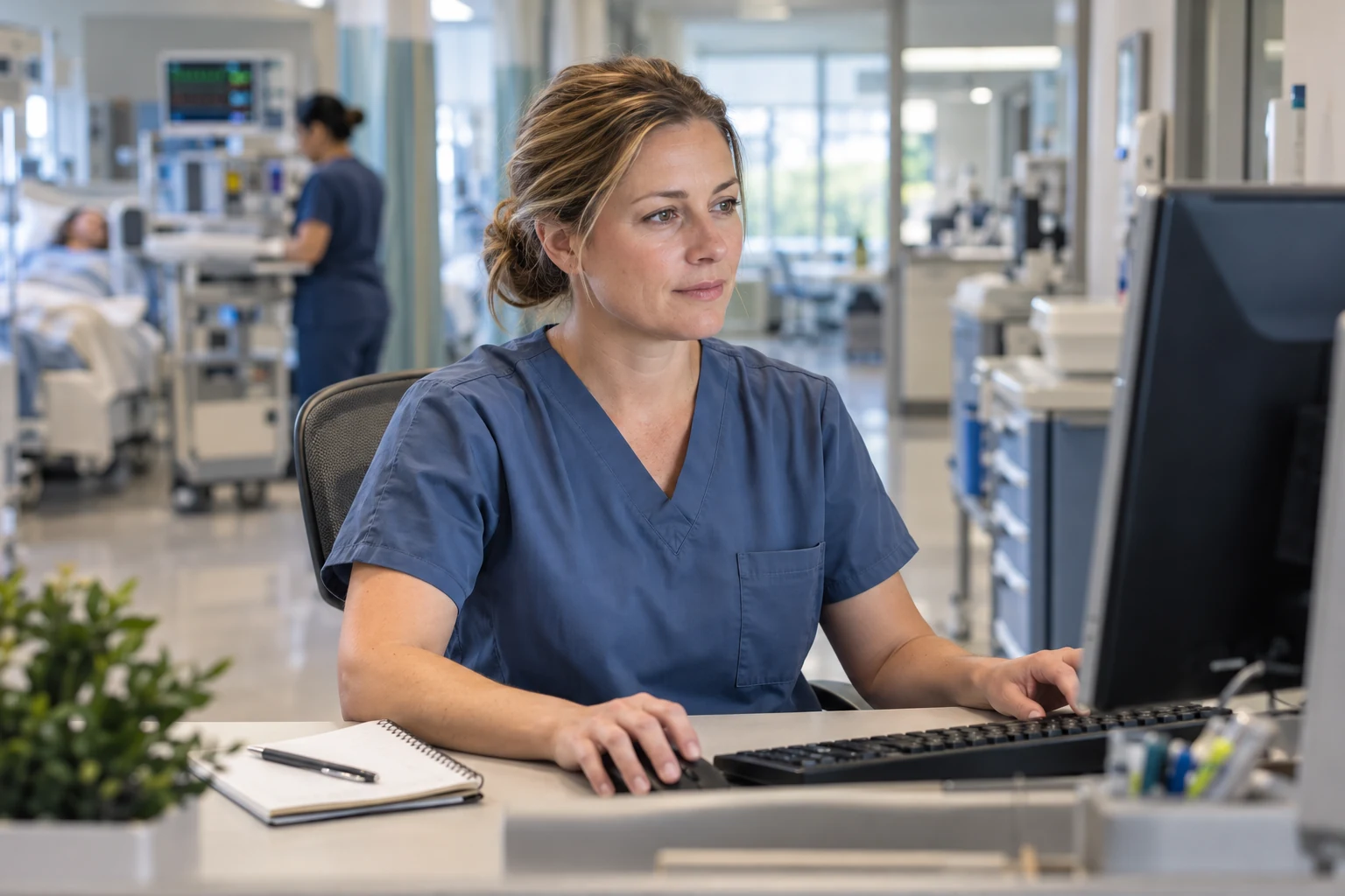 Nurse manager preparing staffing requirements at a hospital workstation
