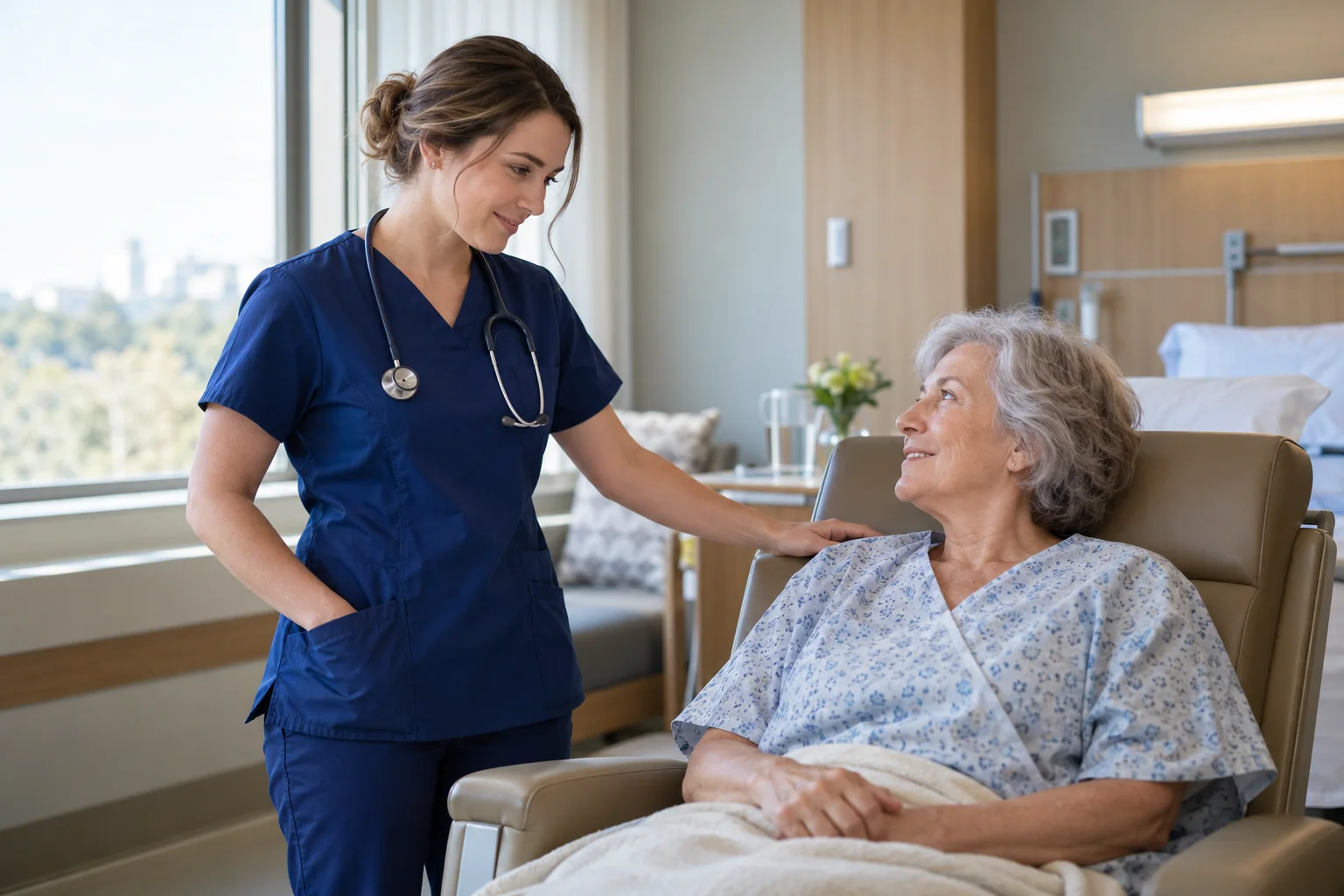 A registered nurse speaking with a patient seated in a hospital recliner.