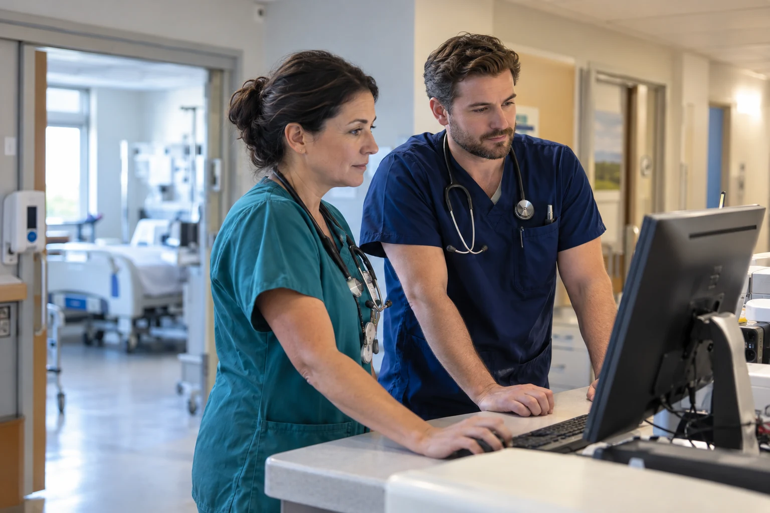 Two nurses reviewing patient care at a community hospital nurses’ station