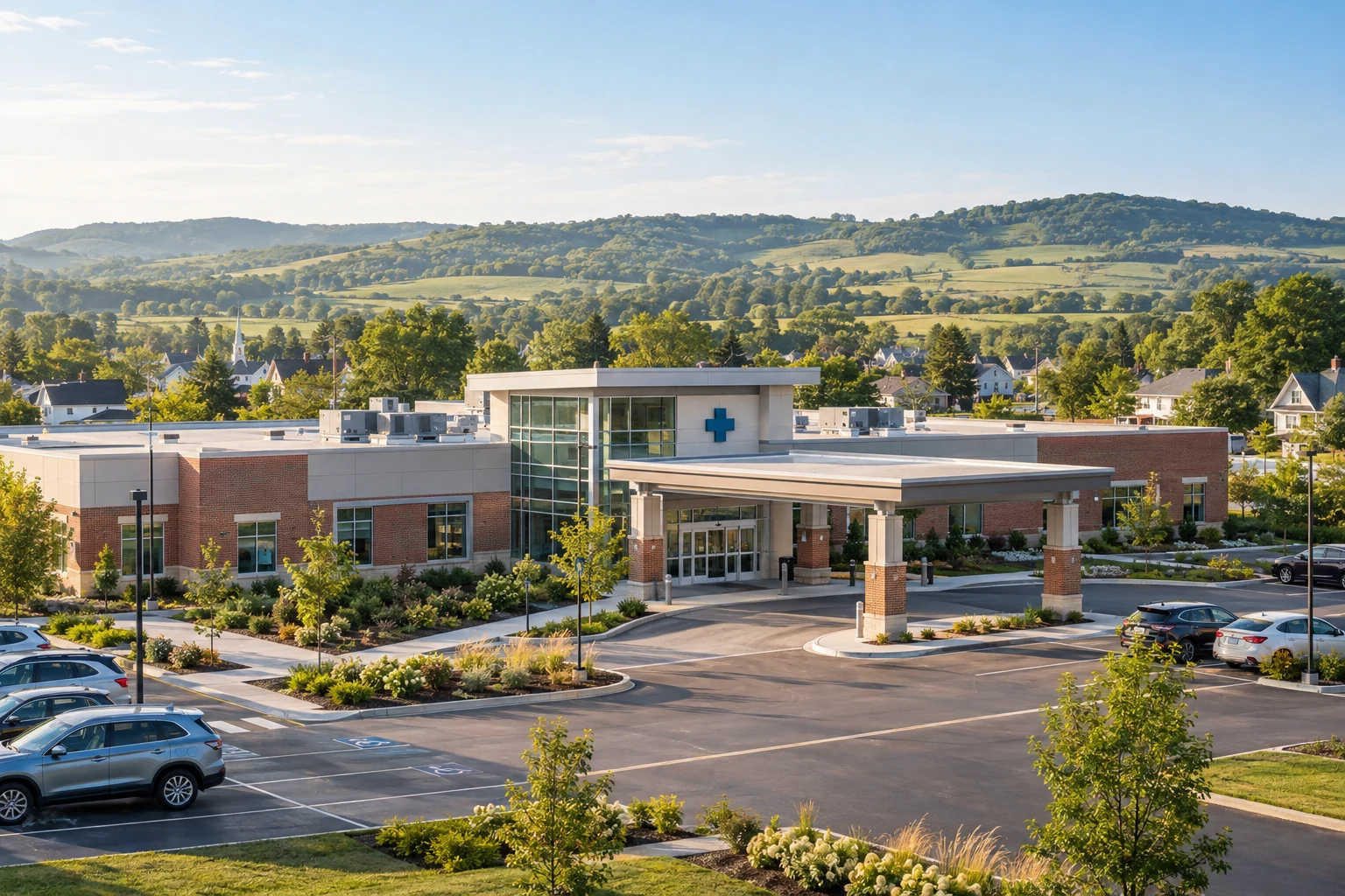 Community hospital surrounded by a small town and rural countryside