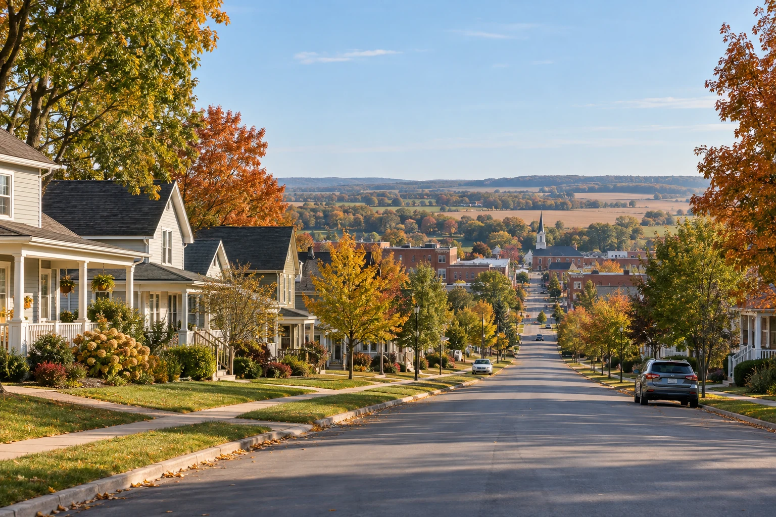 Residential street and town center in a rural American community