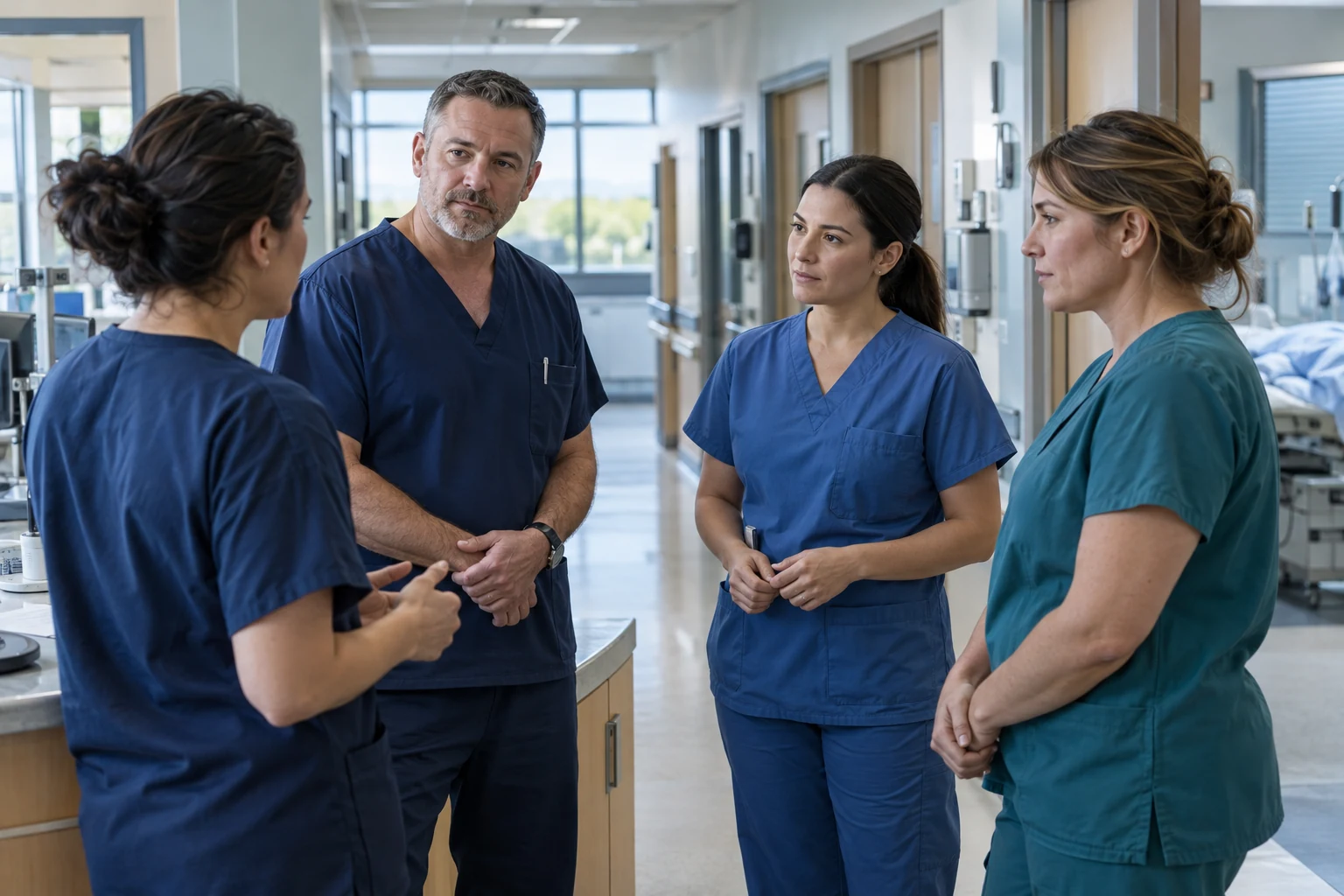 Nursing colleagues discussing unit responsibilities in a community hospital