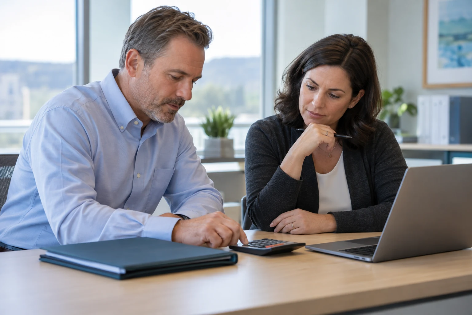 Healthcare administrators reviewing staffing costs together