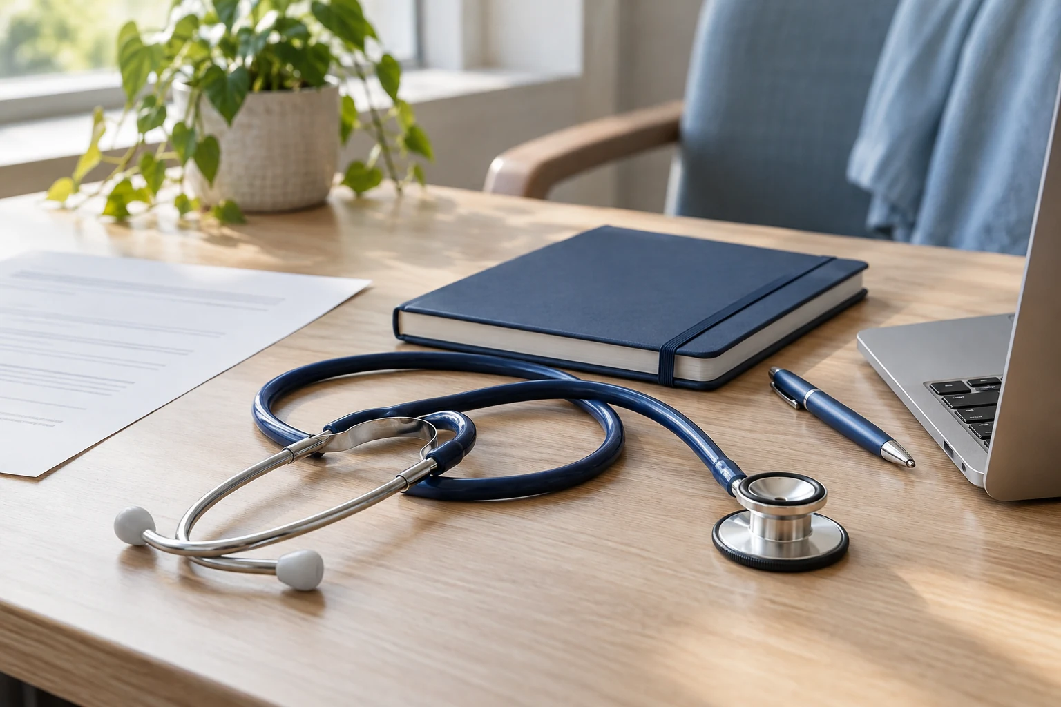 Stethoscope, notebook and laptop arranged for healthcare staffing planning