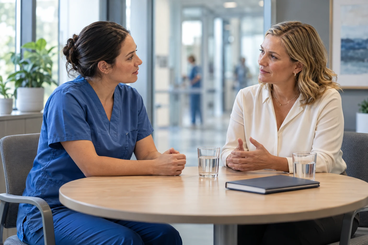Nurse and healthcare hiring manager discussing a role in a hospital office